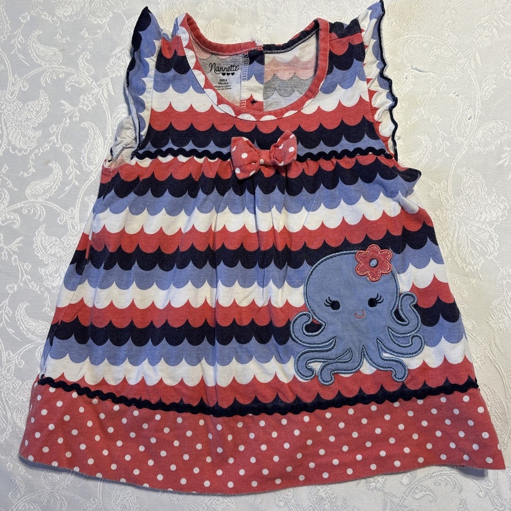 Nannette Kids Girls Size‎ 5 Dress Octopus Bow Blue And Pink 100% Cotton